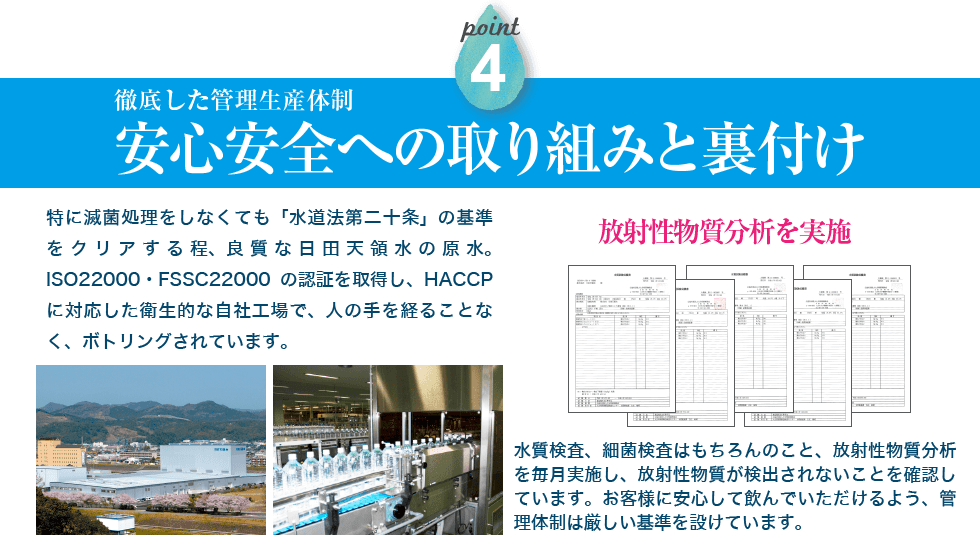 徹底した生産管理体制。安心安全への取り組みと裏付け。特に滅菌処理をしなくても「水道法第二十条」の基準をクリアする程、良質な日田天領水の原水。ISO22000の認証を取得し、HACCPに対応した衛生的な自社工場で、人の手を経ることなく、ボトリングされています。水質検査、細菌検査はもちろんのこと、放射性物質分析を毎月実施し、放射性物質が検出されないことを確認しています。お客様に安心して飲んでいただけるよう、管理体制は厳しい基準を設けています。